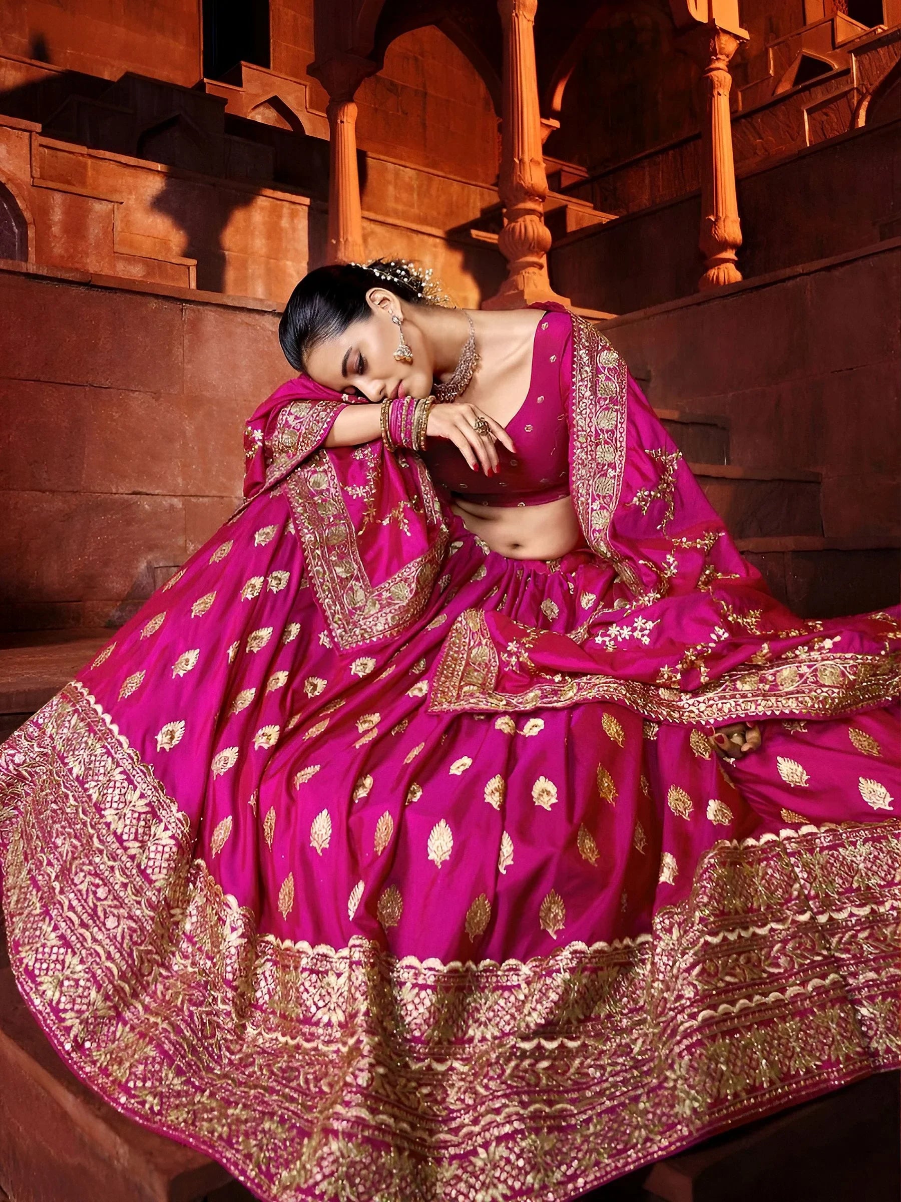 Beautiful Hot Pink Sequins Silk Wedding Lehenga Choli With Dupatta