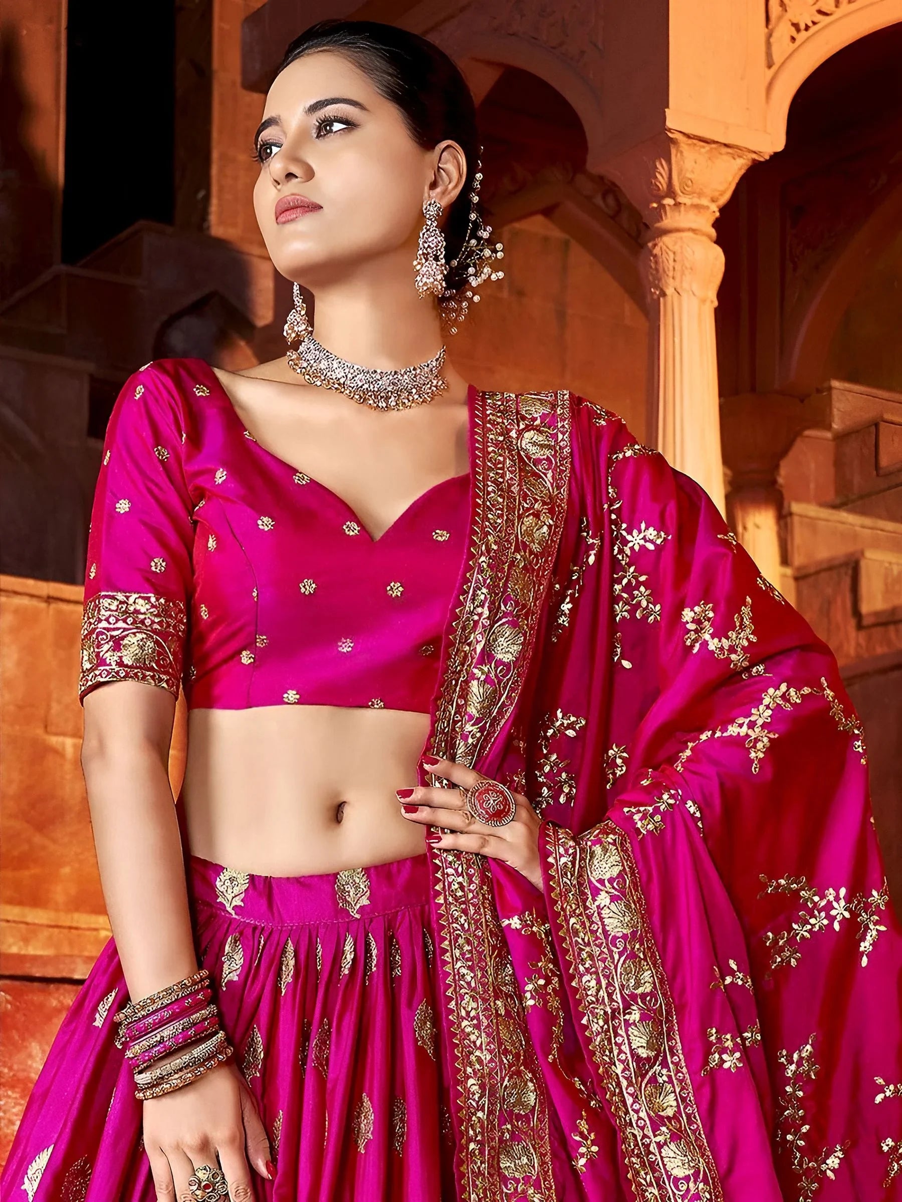 Beautiful Hot Pink Sequins Silk Wedding Lehenga Choli With Dupatta