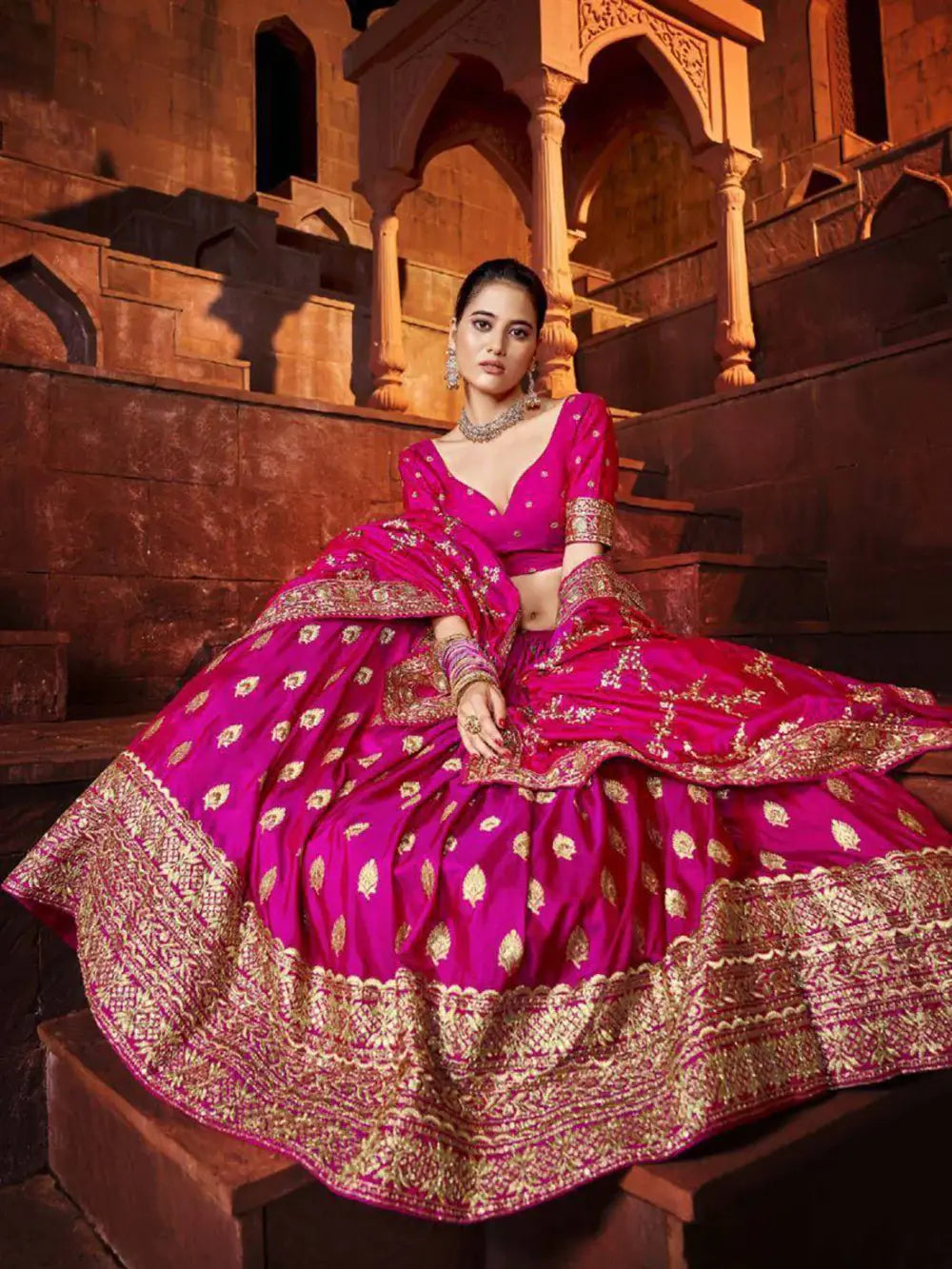 Beautiful Hot Pink Sequins Silk Wedding Lehenga Choli With Dupatta - Zeel Clothing