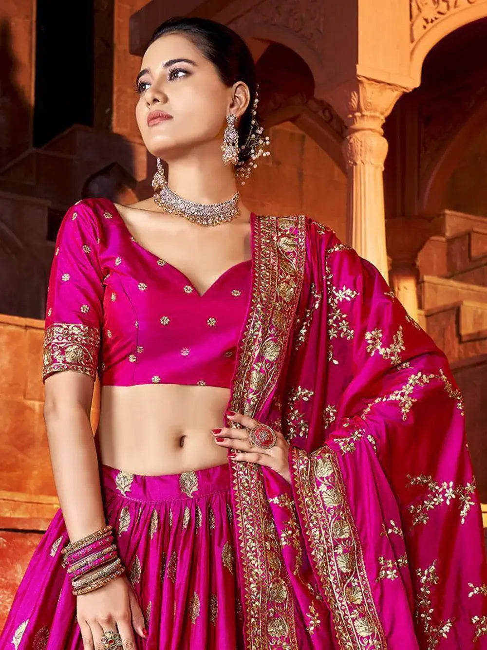 Beautiful Hot Pink Sequins Silk Wedding Lehenga Choli With Dupatta - Zeel Clothing