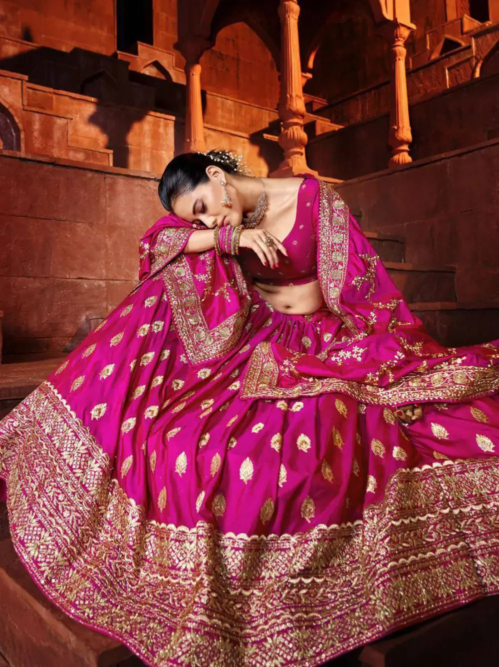 Beautiful Hot Pink Sequins Silk Wedding Lehenga Choli With Dupatta - Zeel Clothing