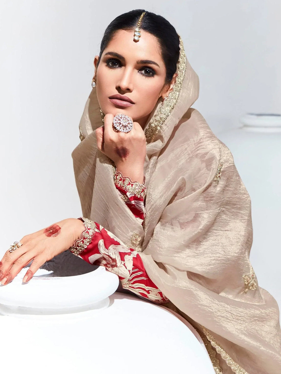 Beautiful Ivory Embroidered Organza Engagement Wear Saree