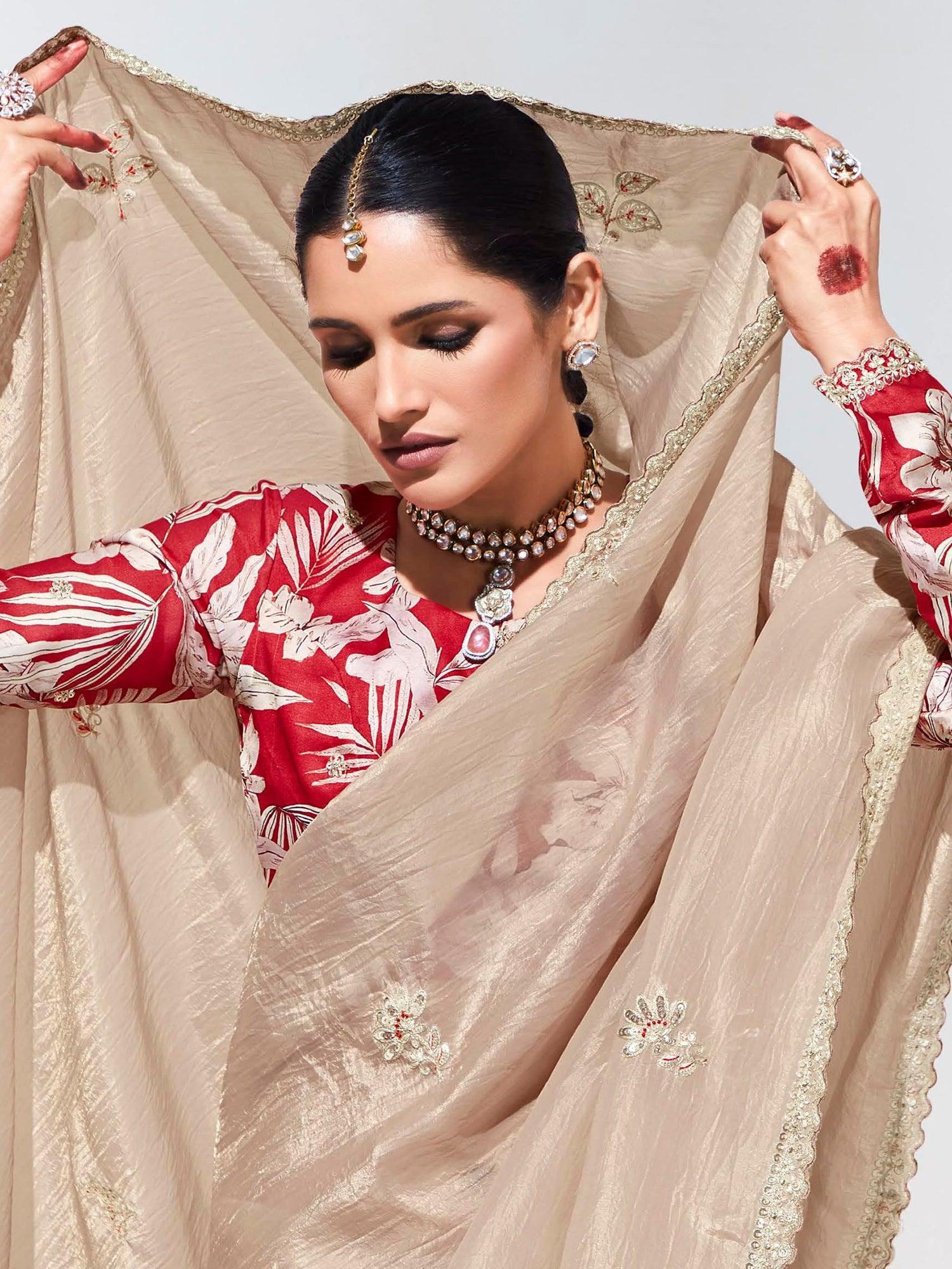 Beautiful Ivory Embroidered Organza Engagement Wear Saree