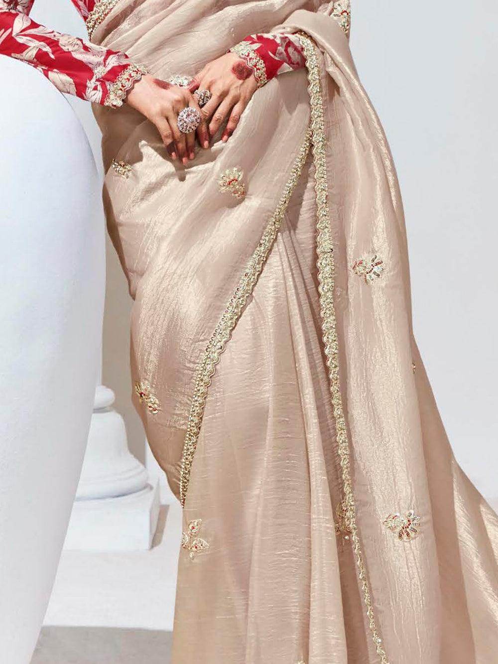 Beautiful Ivory Embroidered Organza Engagement Wear Saree - Zeel Clothing