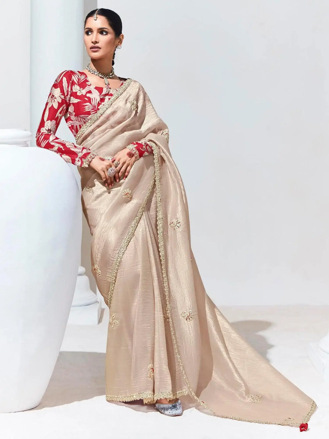 Beautiful Ivory Embroidered Organza Engagement Wear Saree - Zeel Clothing