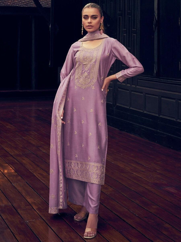 Beautiful Lavender Embroidered Silk Party Wear Suit Pant With Dupatta