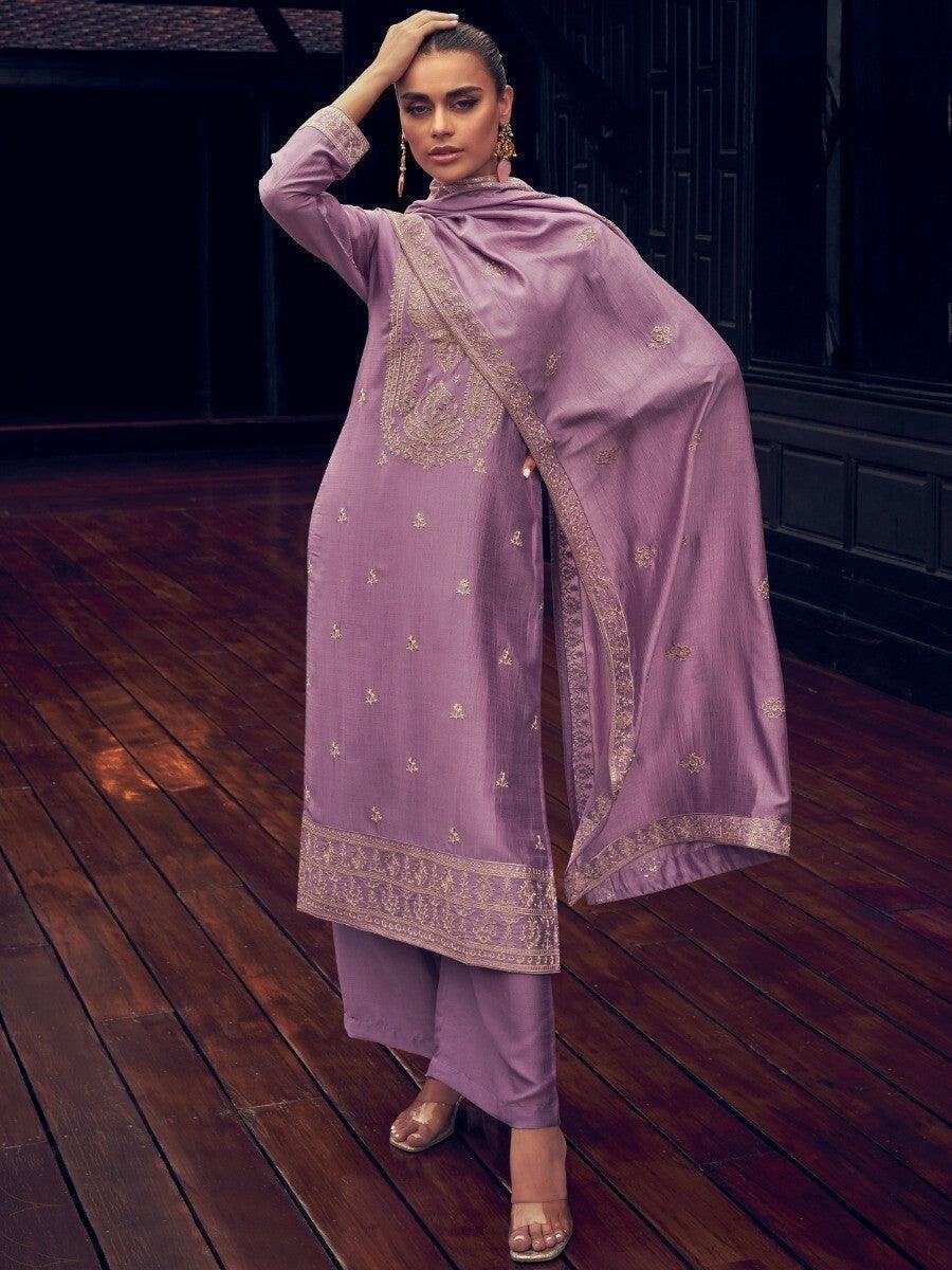 Beautiful Lavender Embroidered Silk Party Wear Suit Pant With Dupatta