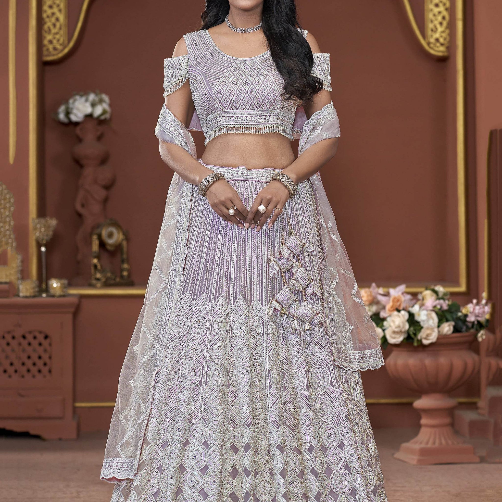 Beautiful Lavender Jarkan Work Net Bridesmaid Lehenga Choli - Zeel Clothing