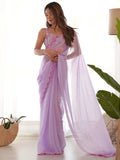 Beautiful Lavender Lace Work Georgette Festival Wear Saree With Blouse - Zeel Clothing