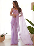 Beautiful Lavender Lace Work Georgette Festival Wear Saree With Blouse - Zeel Clothing