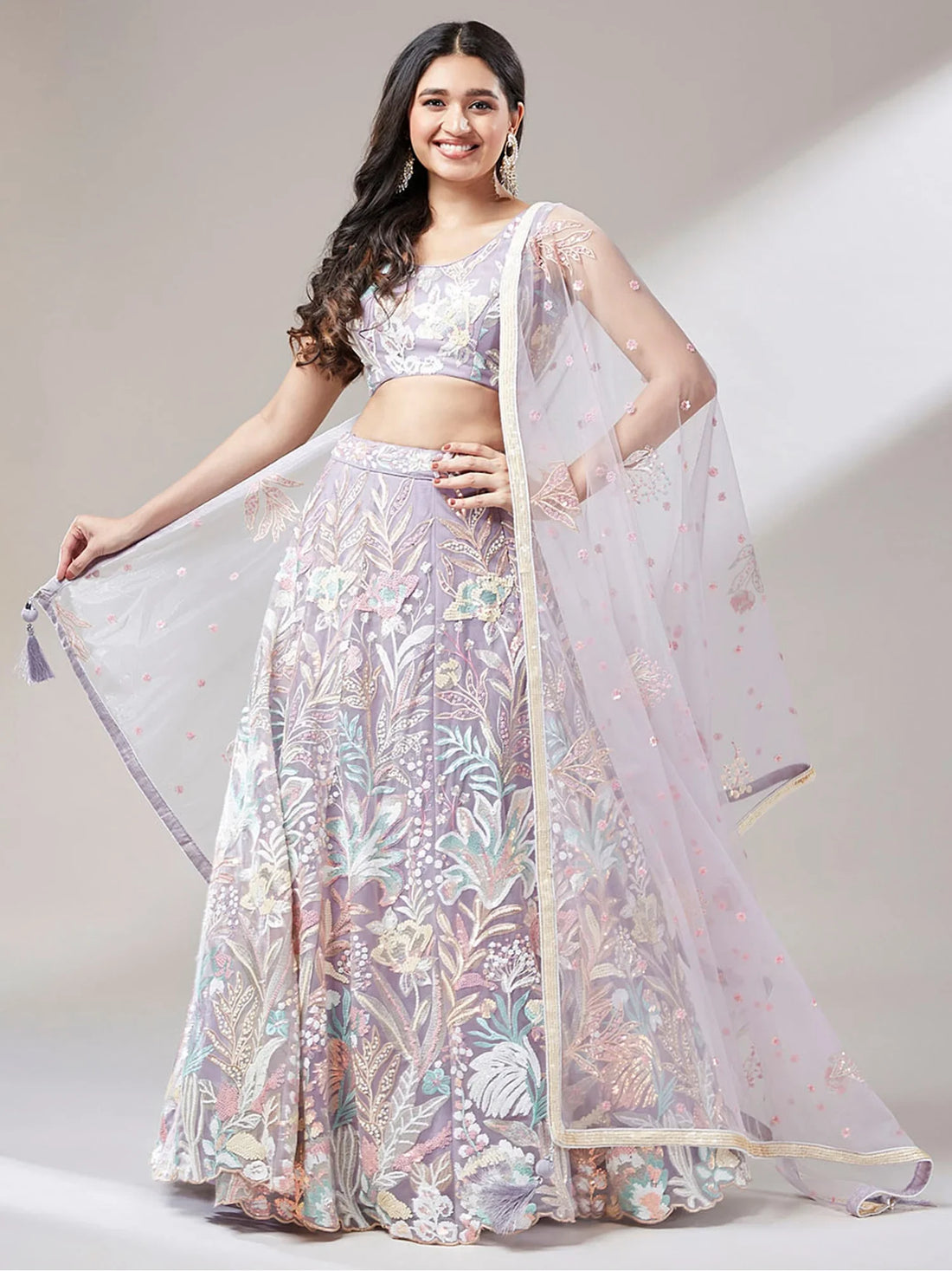 Beautiful Lavender Sequins Net Bridesmaid Lehenga Choli With Dupatta - Zeel Clothing