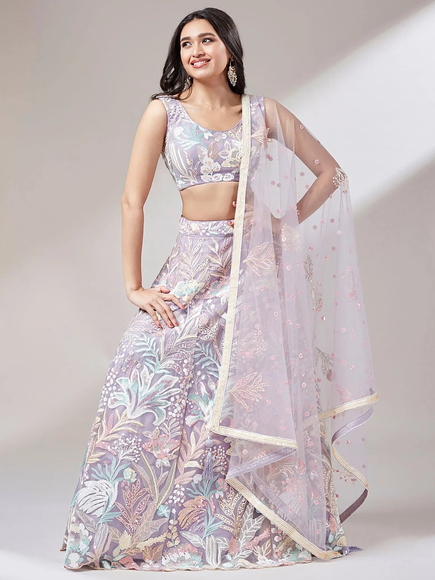 Beautiful Lavender Sequins Net Bridesmaid Lehenga Choli With Dupatta - Zeel Clothing