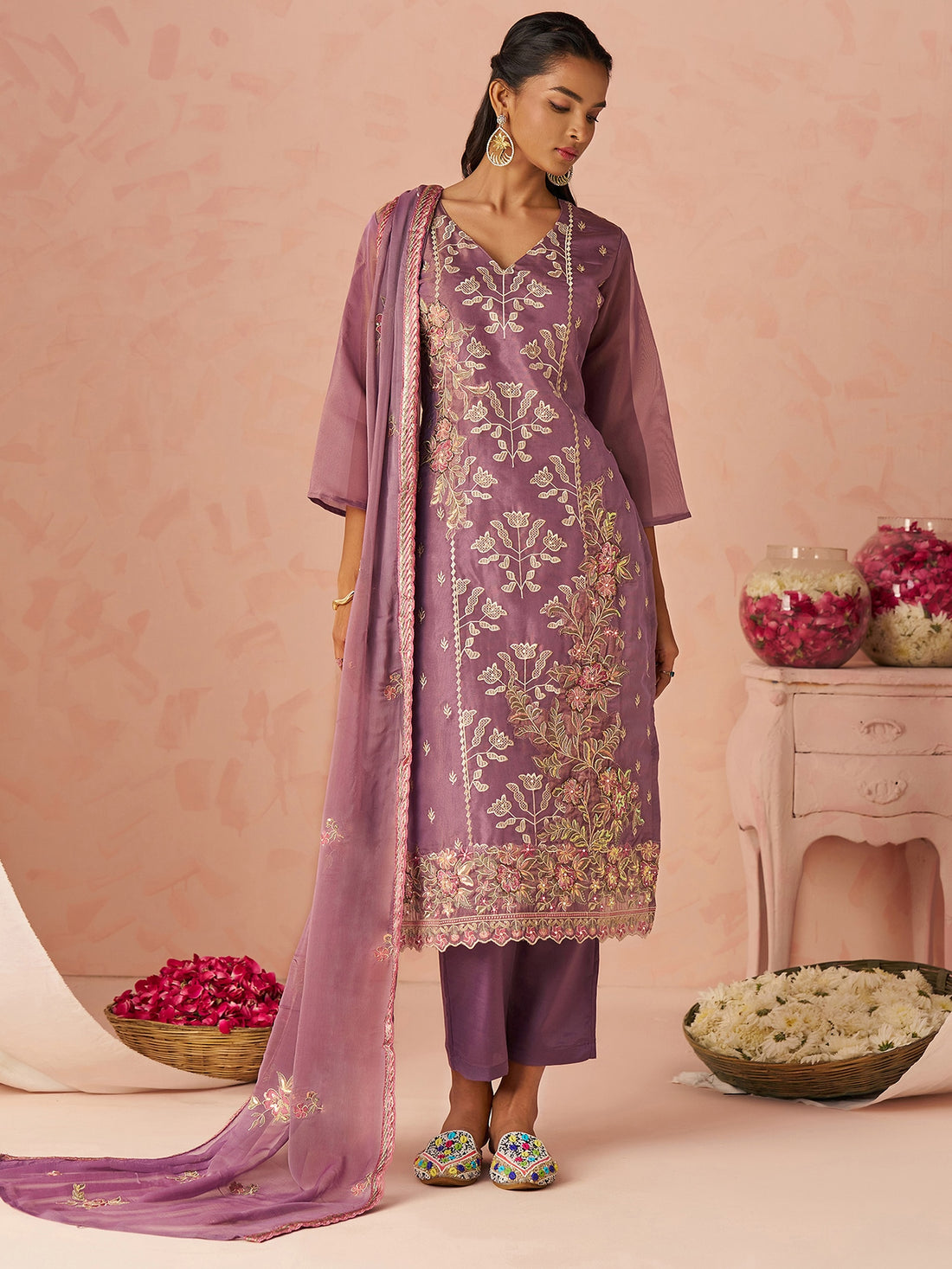 Beautiful Lavender Thread Embroidery Organza Wedding Wear Straight Pant Suit