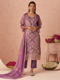 Beautiful Lavender Thread Embroidery Organza Wedding Wear Straight Pant Suit