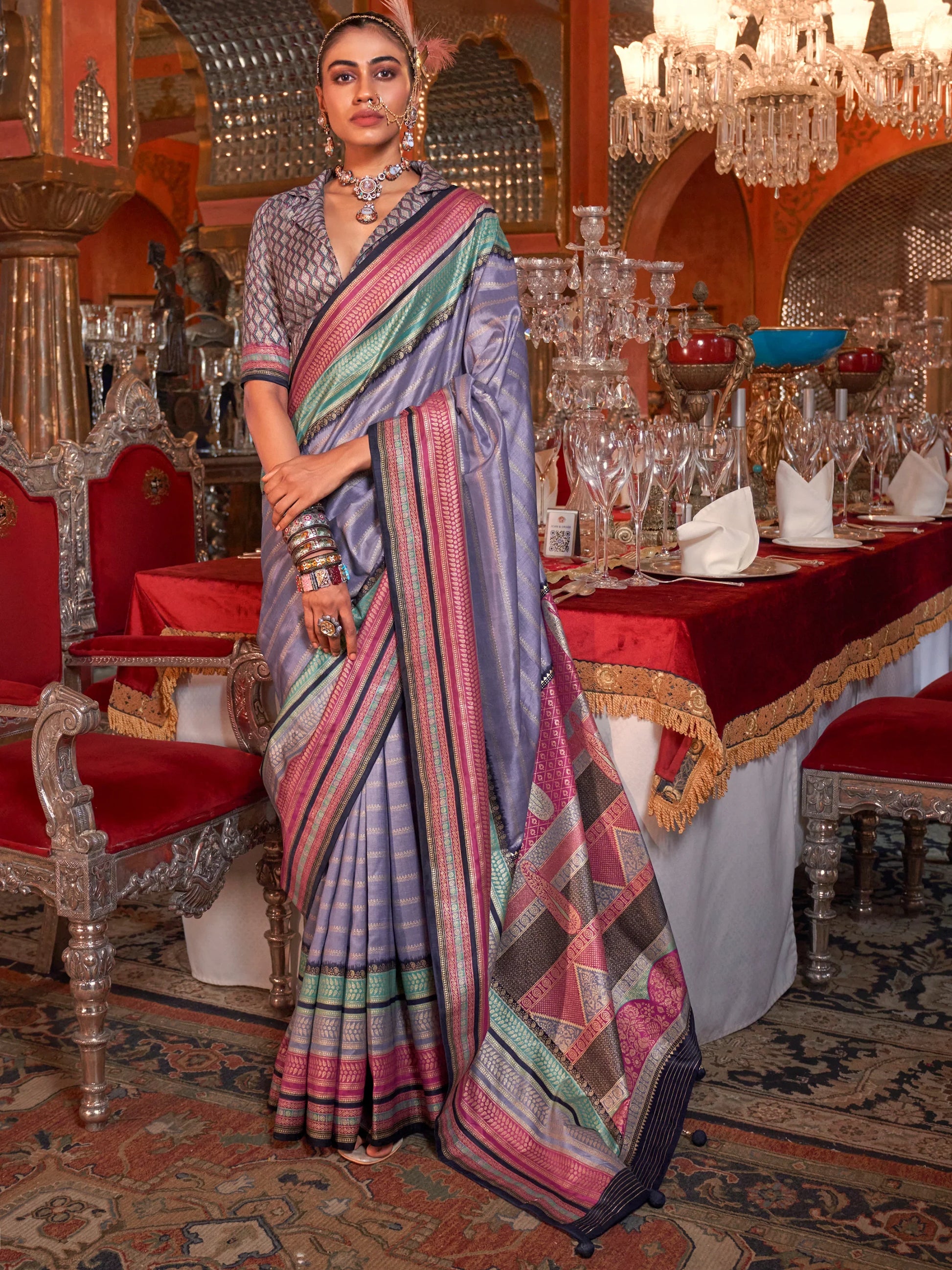 Beautiful Lavender Zari Weaving Silk Festival Wear Saree With Blouse - Zeel Clothing