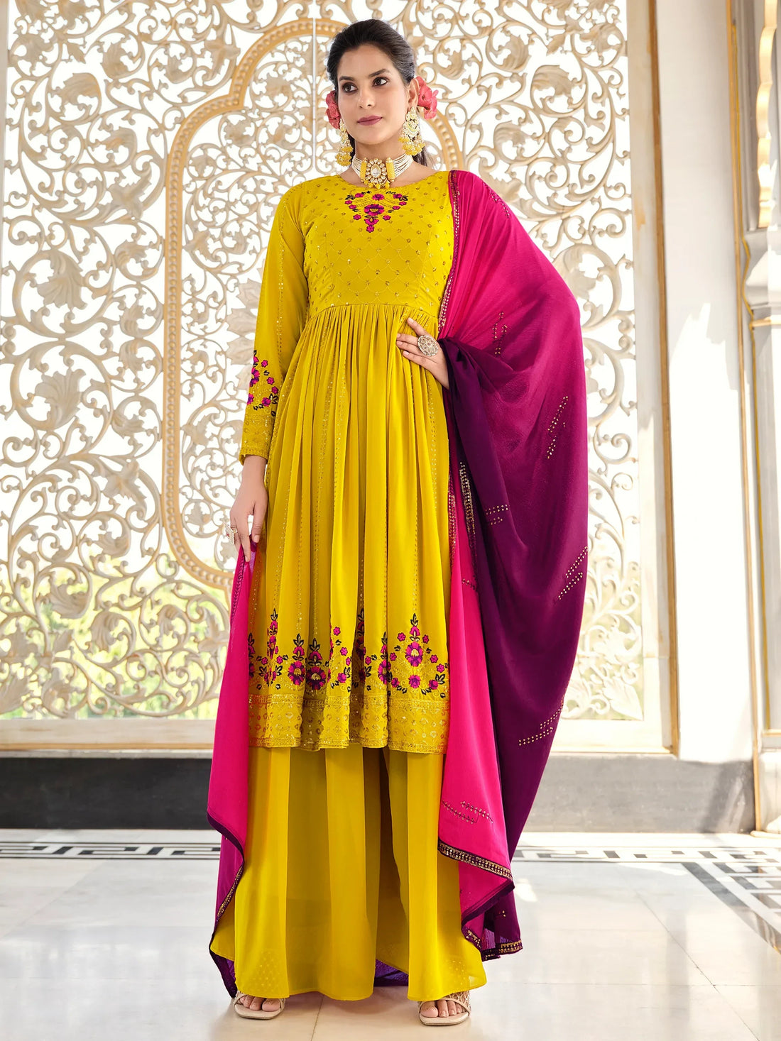 Beautiful Lemon Green Sequins Georgette Festival Wear Salwar Kameez - Zeel Clothing