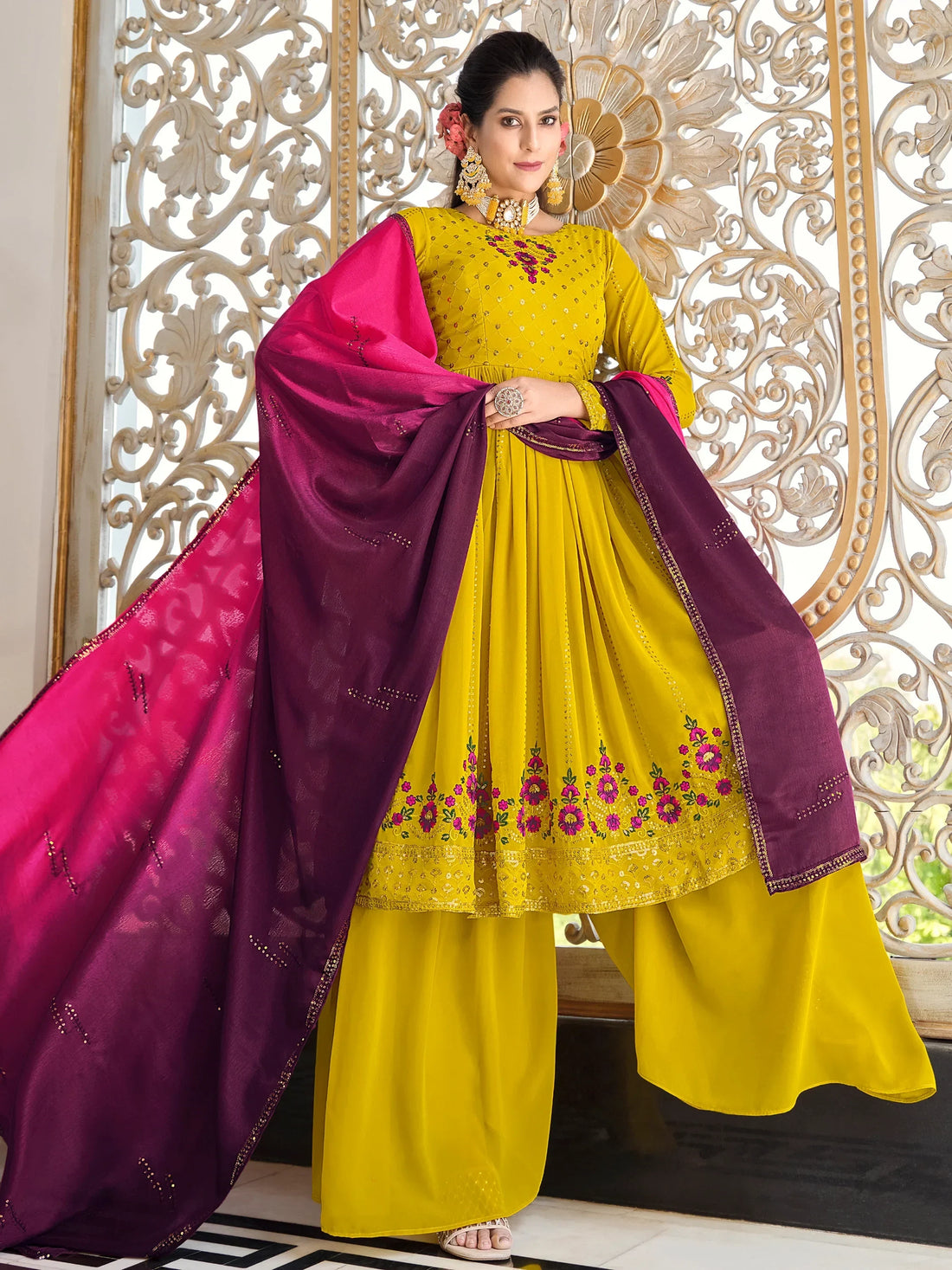 Beautiful Lemon Green Sequins Georgette Festival Wear Salwar Kameez - Zeel Clothing