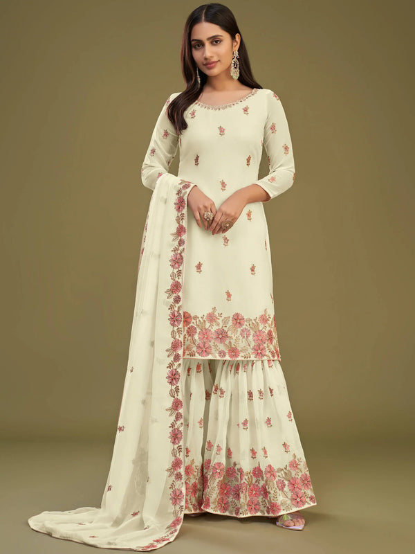 Beautiful Lemon Yellow Embroidered Georgette Party Wear Sharara Suit - Zeel Clothing