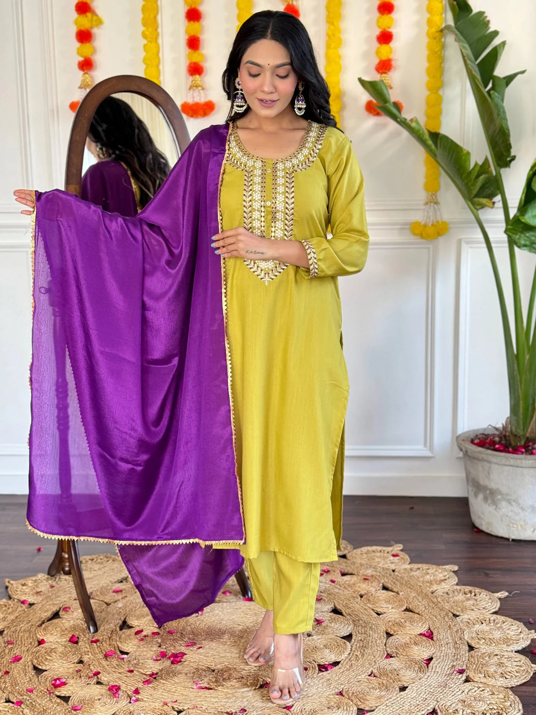Beautiful Lemon Yellow Thread Embroidered Rayon Pant Suit - Zeel Clothing