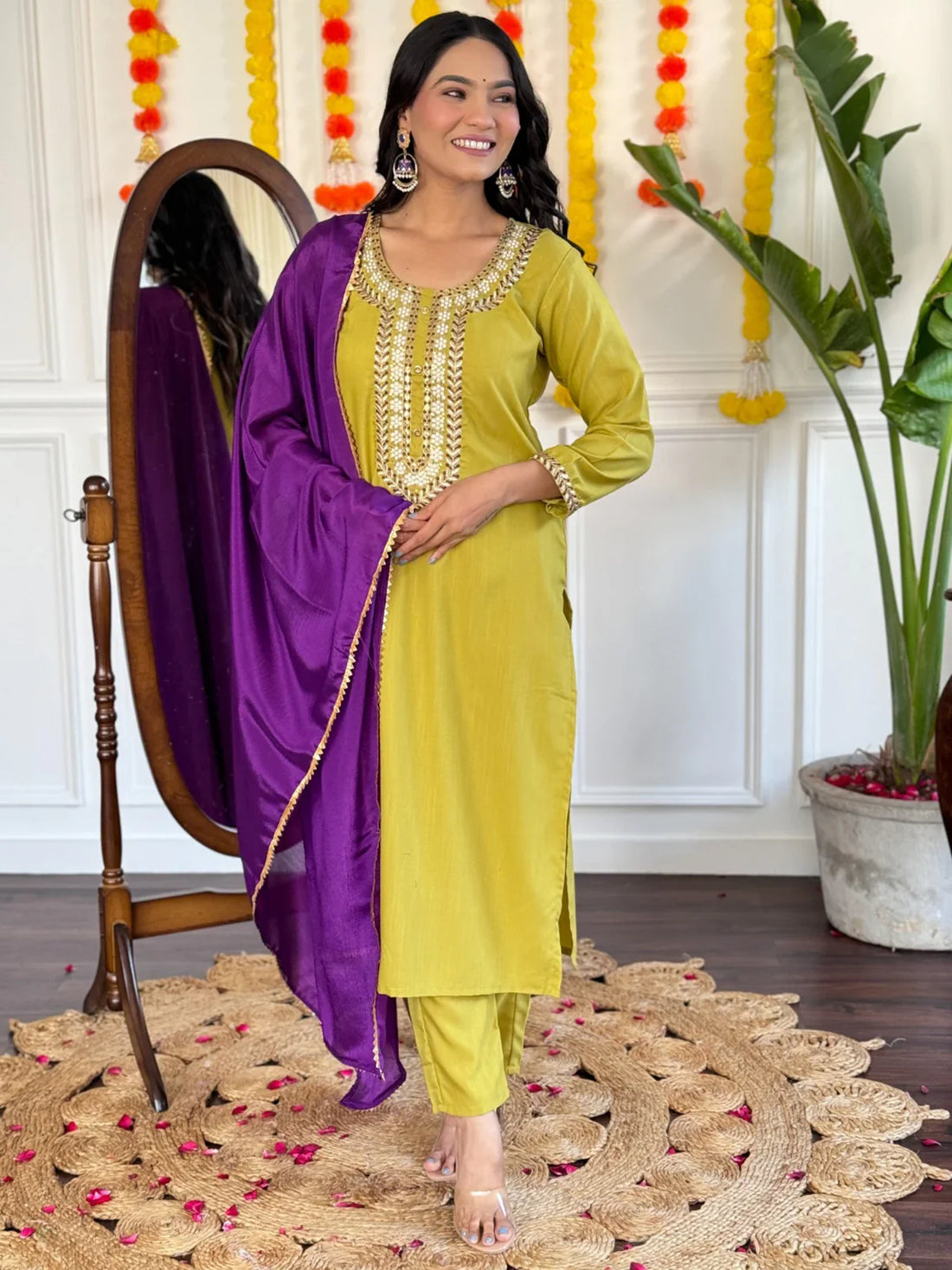Beautiful Lemon Yellow Thread Embroidered Rayon Pant Suit - Zeel Clothing