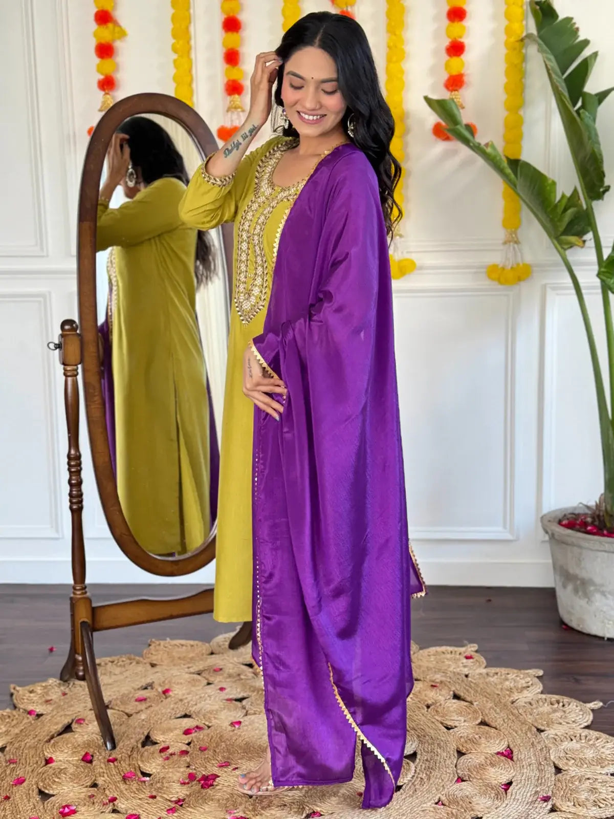 Beautiful Lemon Yellow Thread Embroidered Rayon Pant Suit - Zeel Clothing