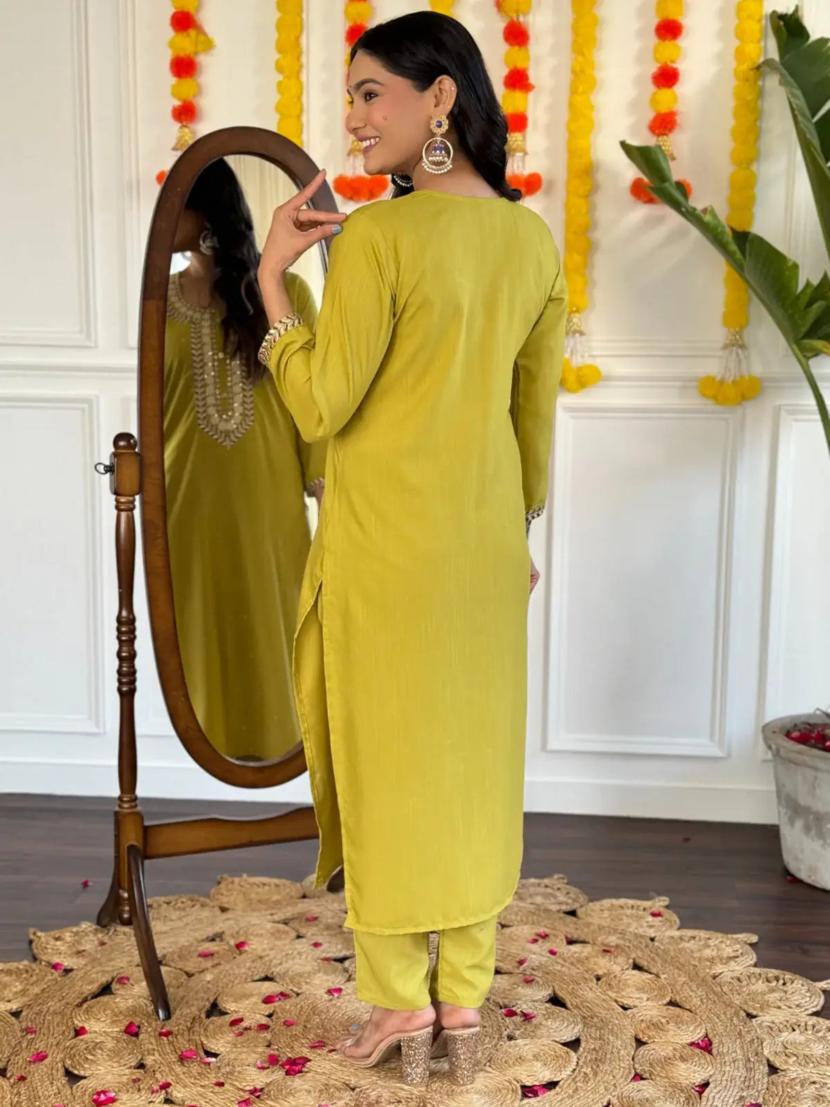 Beautiful Lemon Yellow Thread Embroidered Rayon Pant Suit - Zeel Clothing