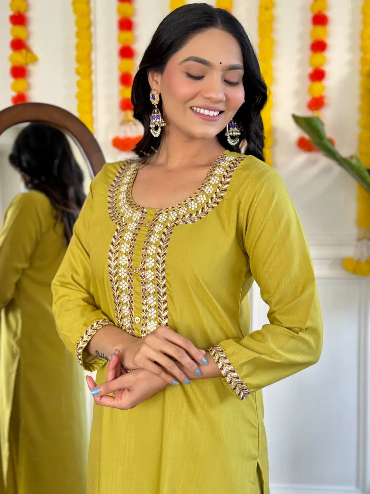 Beautiful Lemon Yellow Thread Embroidered Rayon Pant Suit - Zeel Clothing