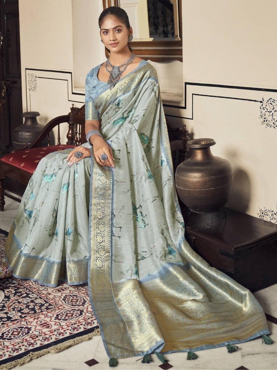 Beautiful Light Blue Digital Print Silk Festive Wear Saree With Blouse
