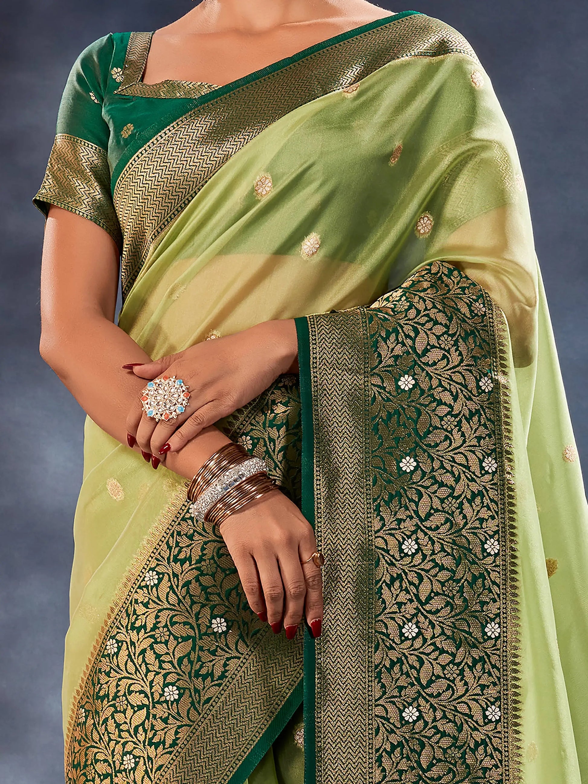 Beautiful Light Green Woven Organza Silk Reception Wear Saree - Zeel Clothing