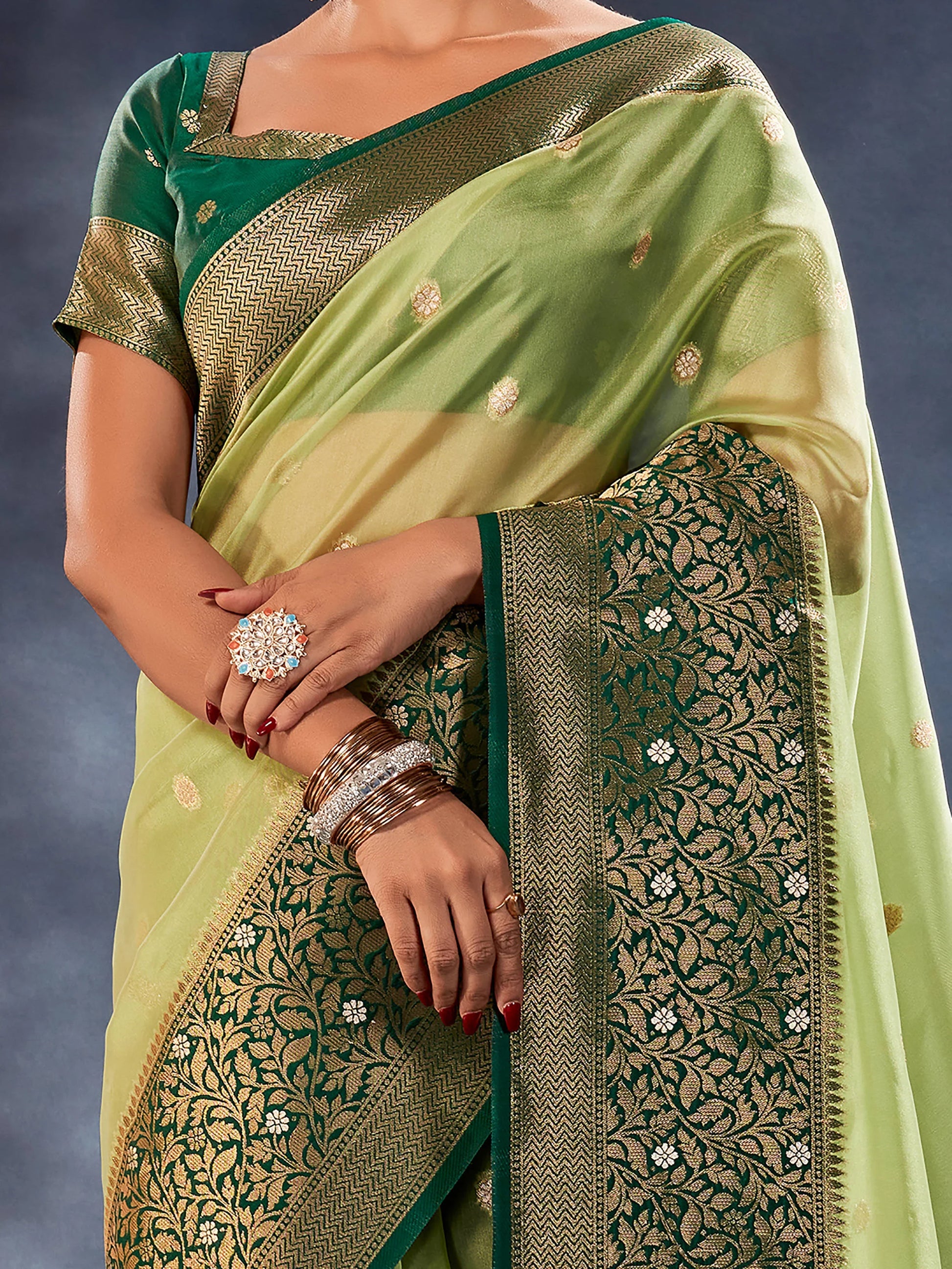 Beautiful Light Green Woven Organza Silk Reception Wear Saree - Zeel Clothing