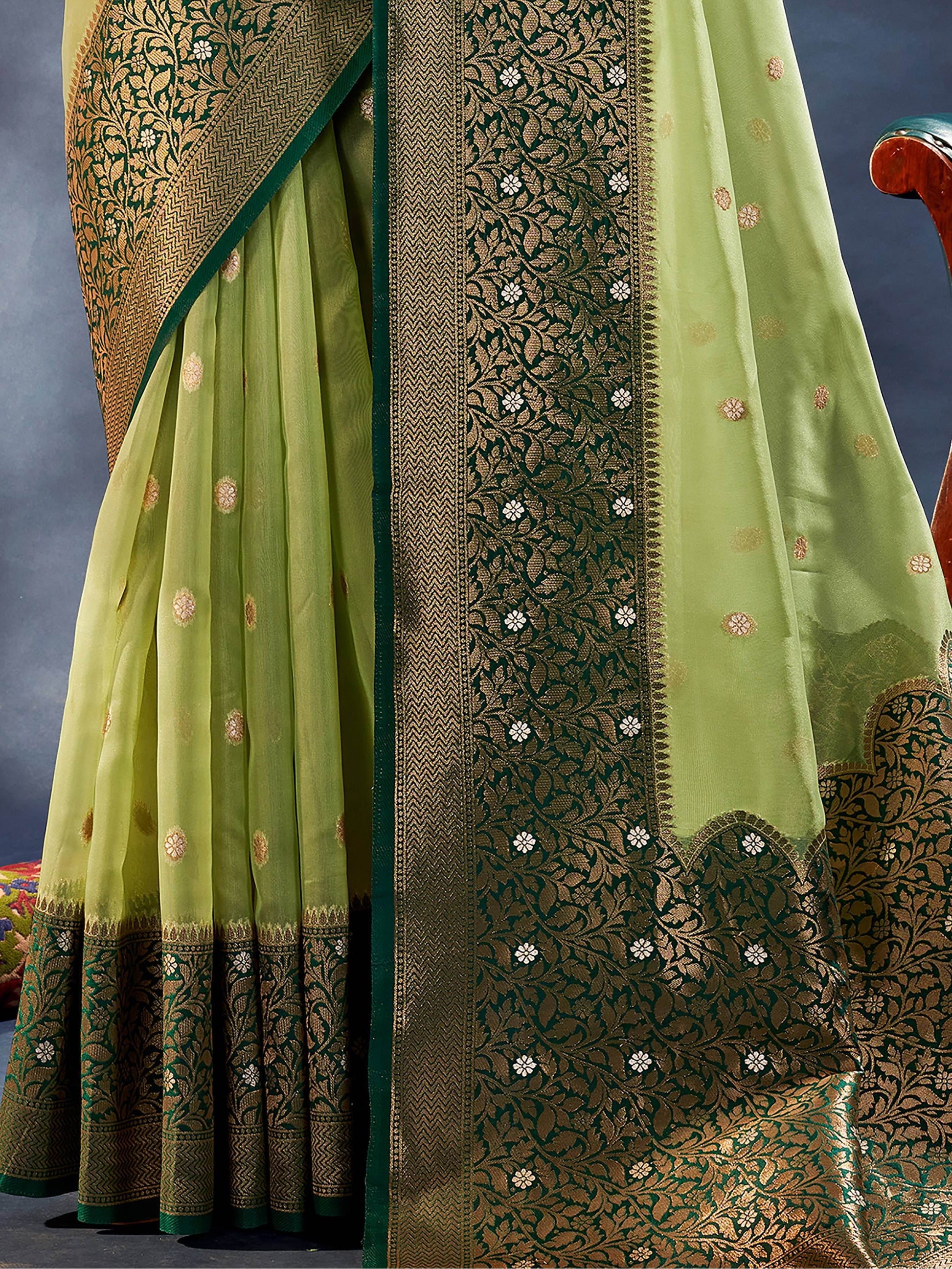 Beautiful Light Green Woven Organza Silk Reception Wear Saree - Zeel Clothing