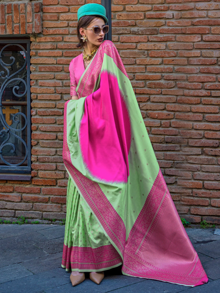 Beautiful Light Green Zari Weaving Silk Traditional Saree With Blouse - Zeel Clothing