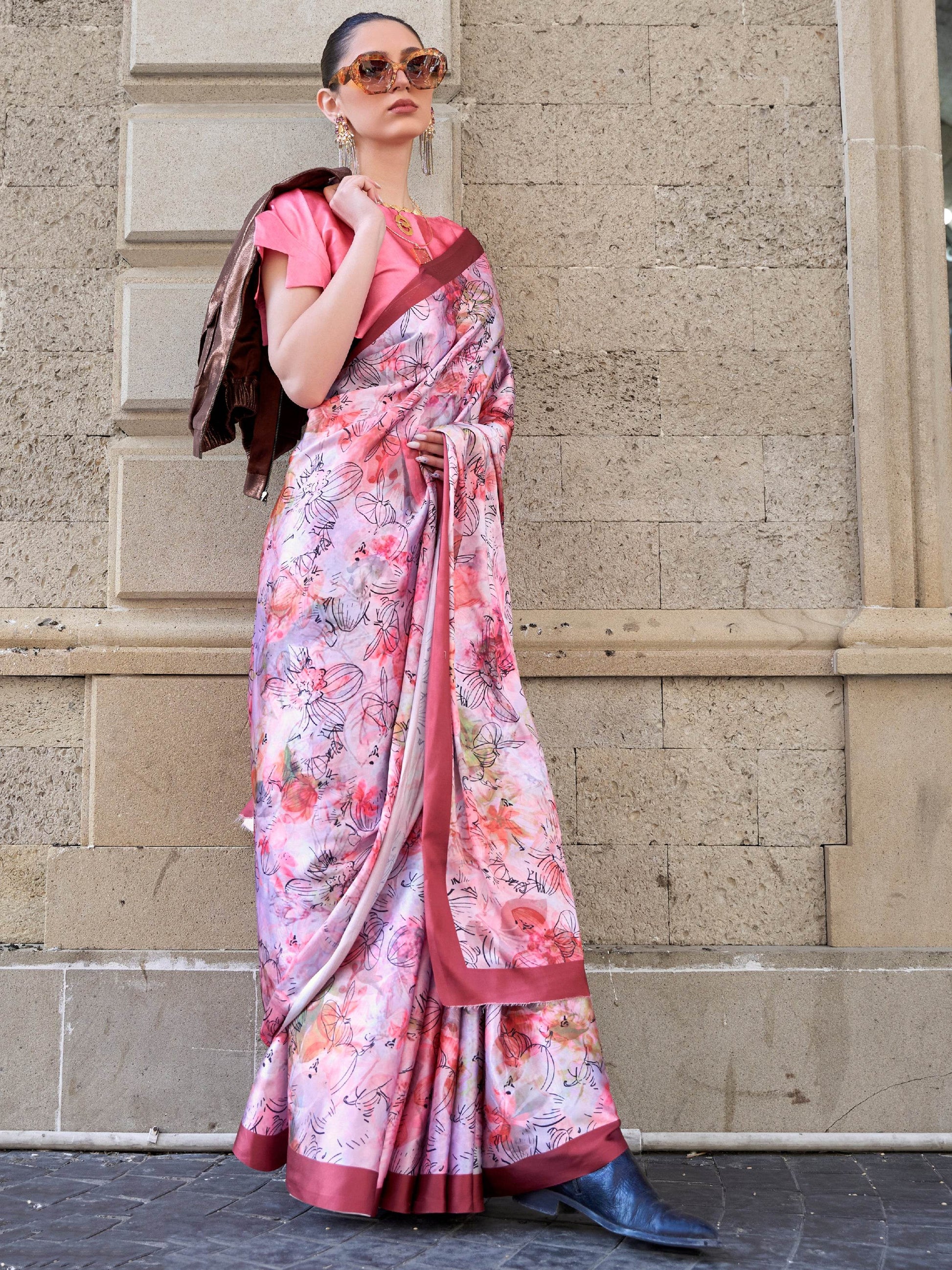 Beautiful Light Purple Digital Printed Satin Saree With Blouse - Zeel Clothing