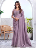 Beautiful Light Purple Embroidered Silk Designer Saree With Blouse