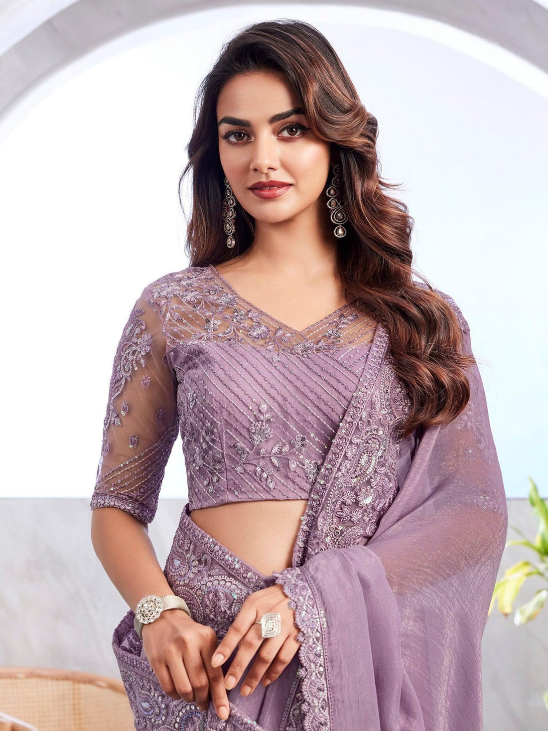 Beautiful Light Purple Embroidered Silk Designer Saree With Blouse