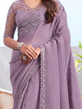 Beautiful Light Purple Embroidered Silk Designer Saree With Blouse