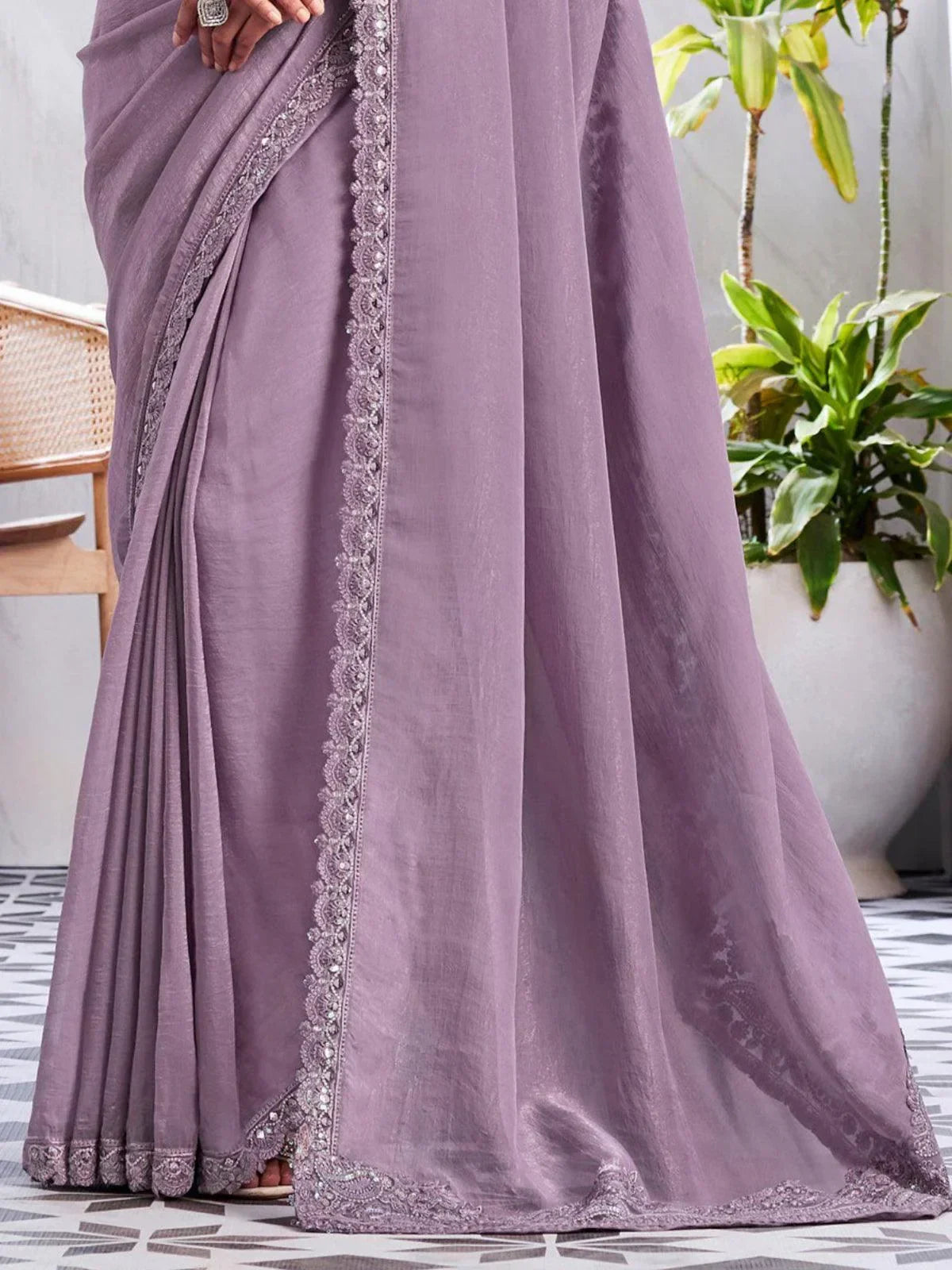 Beautiful Light Purple Embroidered Silk Designer Saree With Blouse