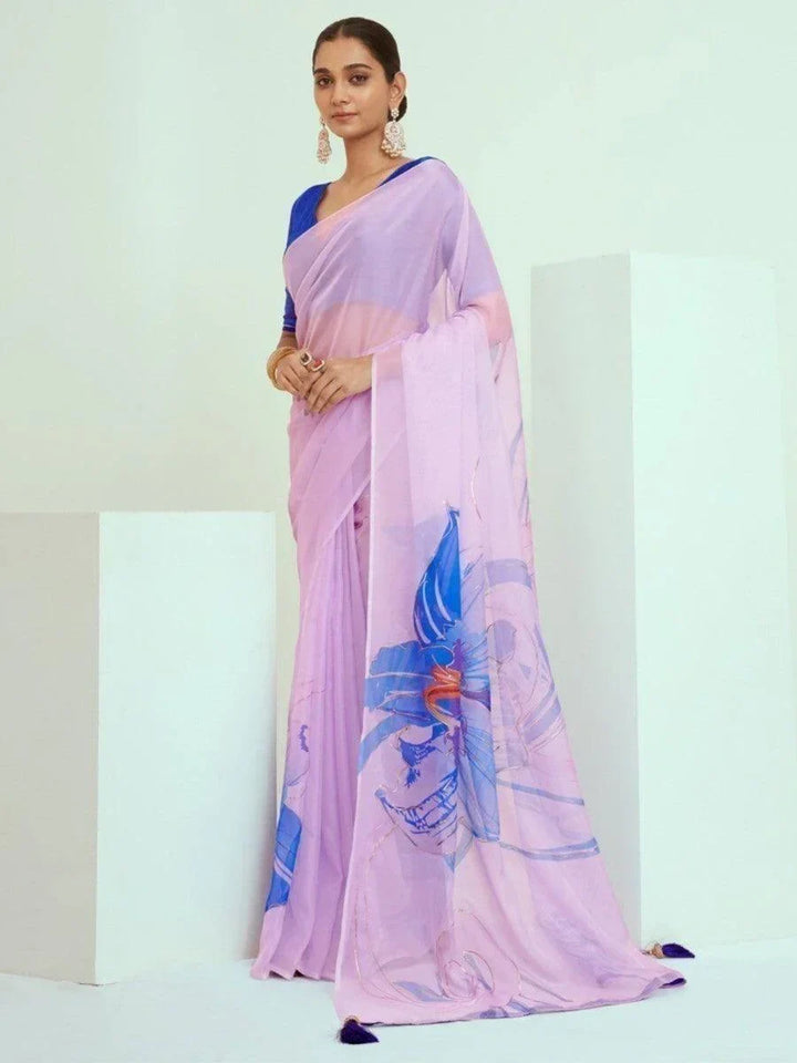Beautiful Light Purple Printed Georgette Festive Wear Saree With Blouse