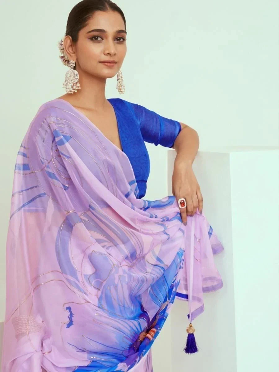 Beautiful Light Purple Printed Georgette Festive Wear Saree With Blouse