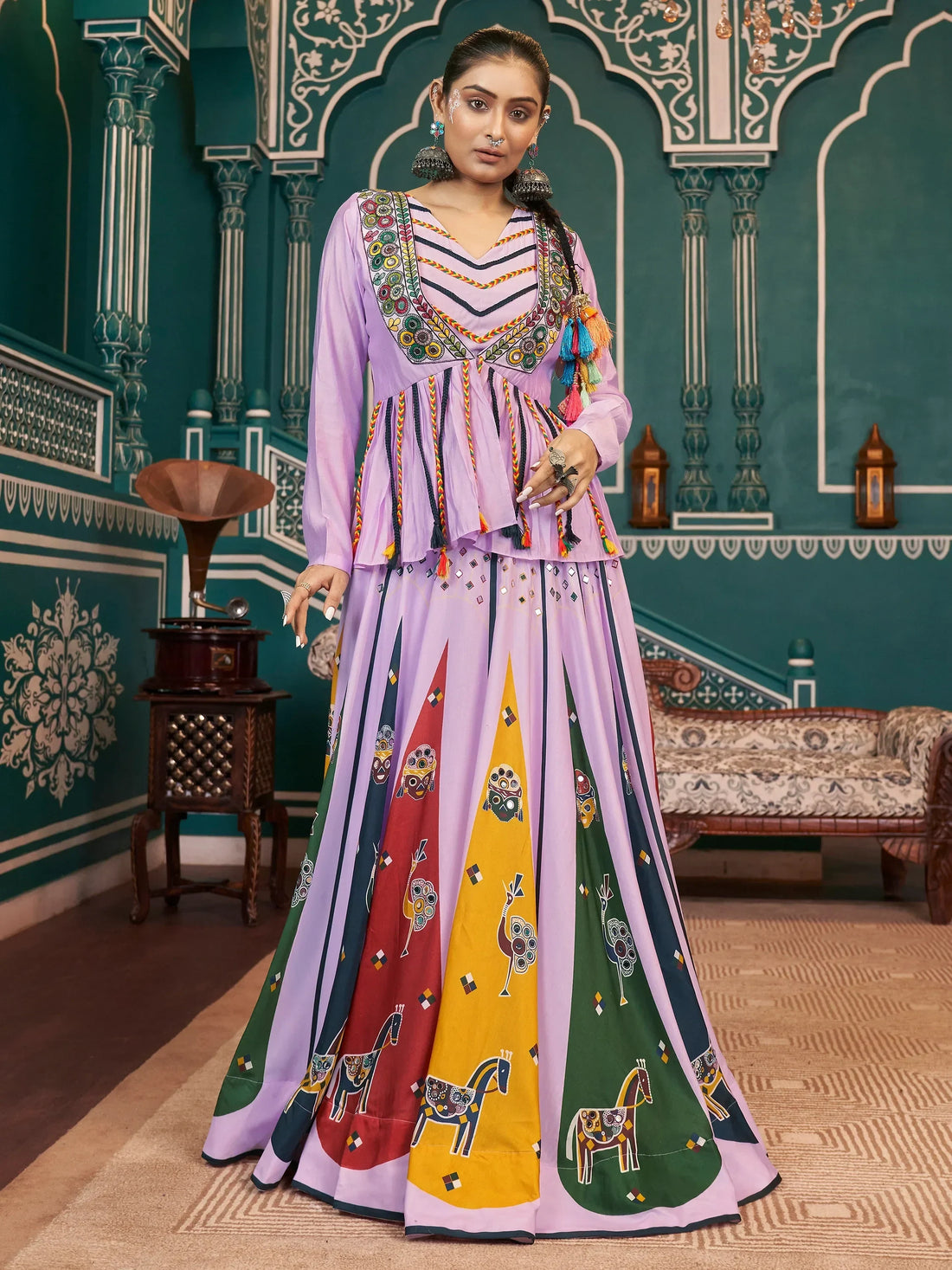 Beautiful Light Purple Printed Silk Navratri Lehenga Choli With Jacket - Zeel Clothing