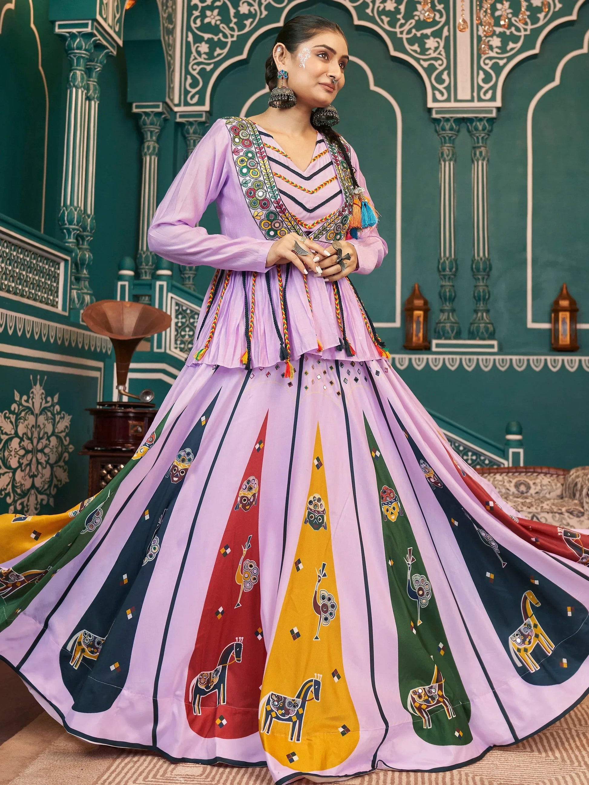 Beautiful Light Purple Printed Silk Navratri Lehenga Choli With Jacket - Zeel Clothing
