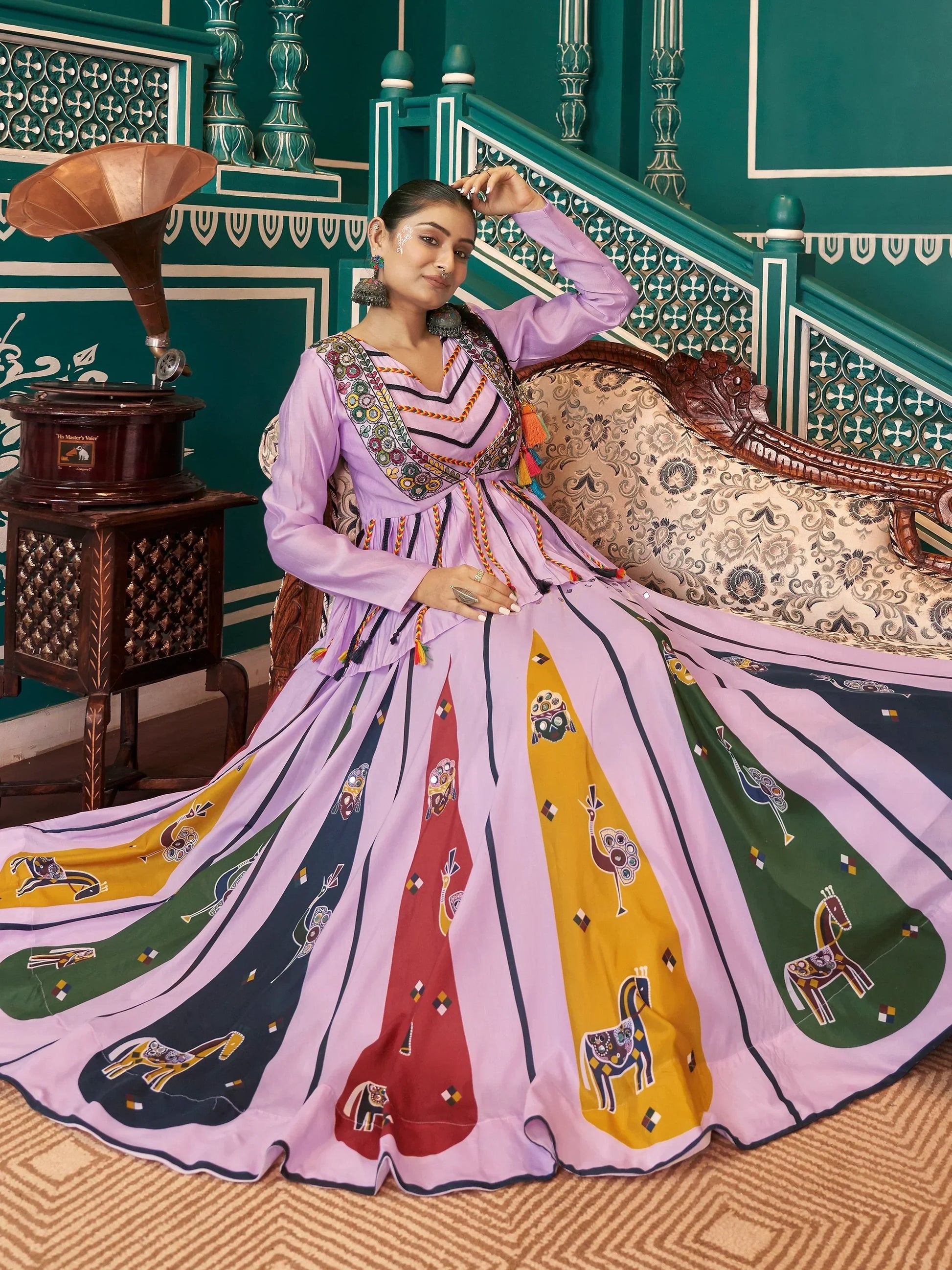 Beautiful Light Purple Printed Silk Navratri Lehenga Choli With Jacket - Zeel Clothing