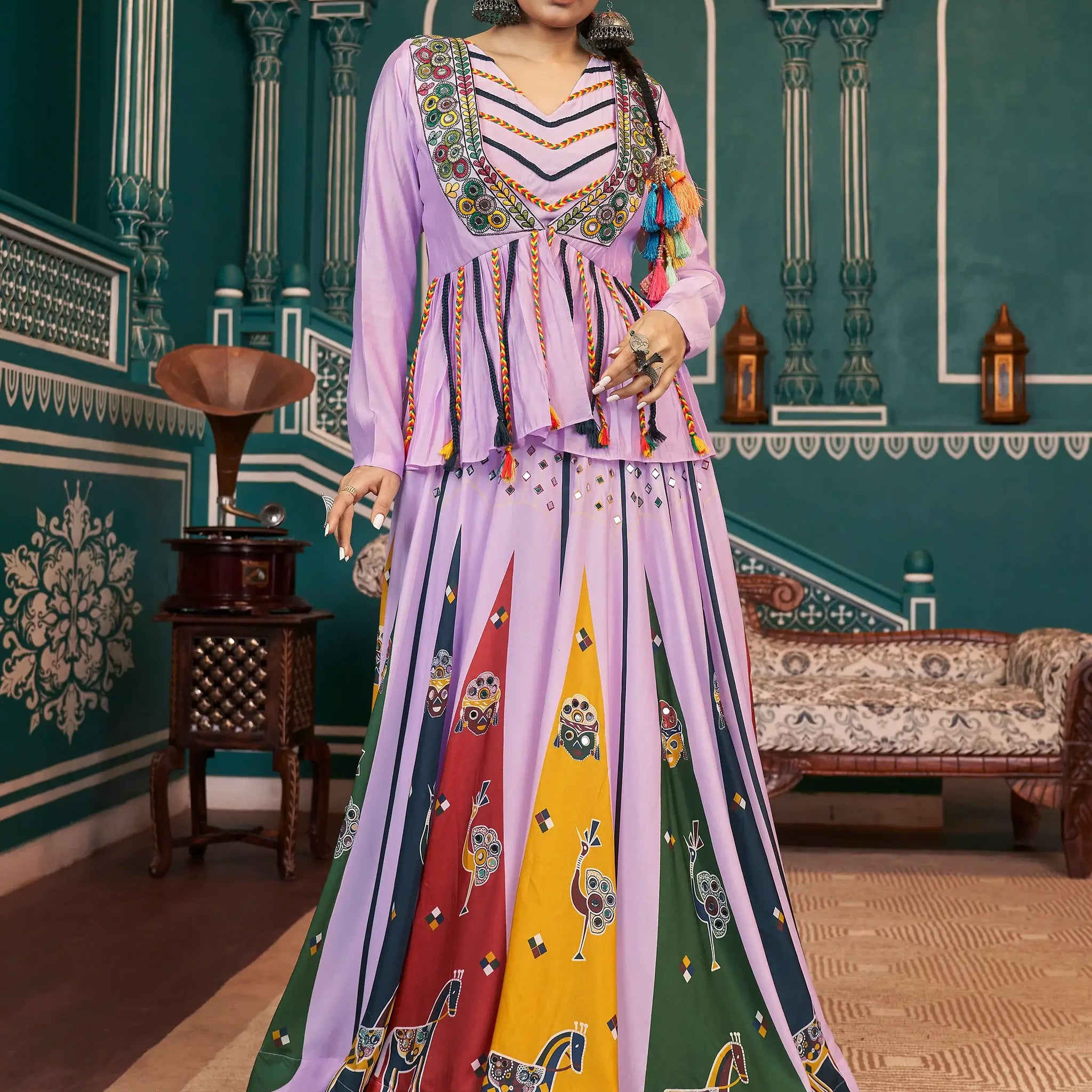 Beautiful Light Purple Printed Silk Navratri Lehenga Choli With Jacket - Zeel Clothing