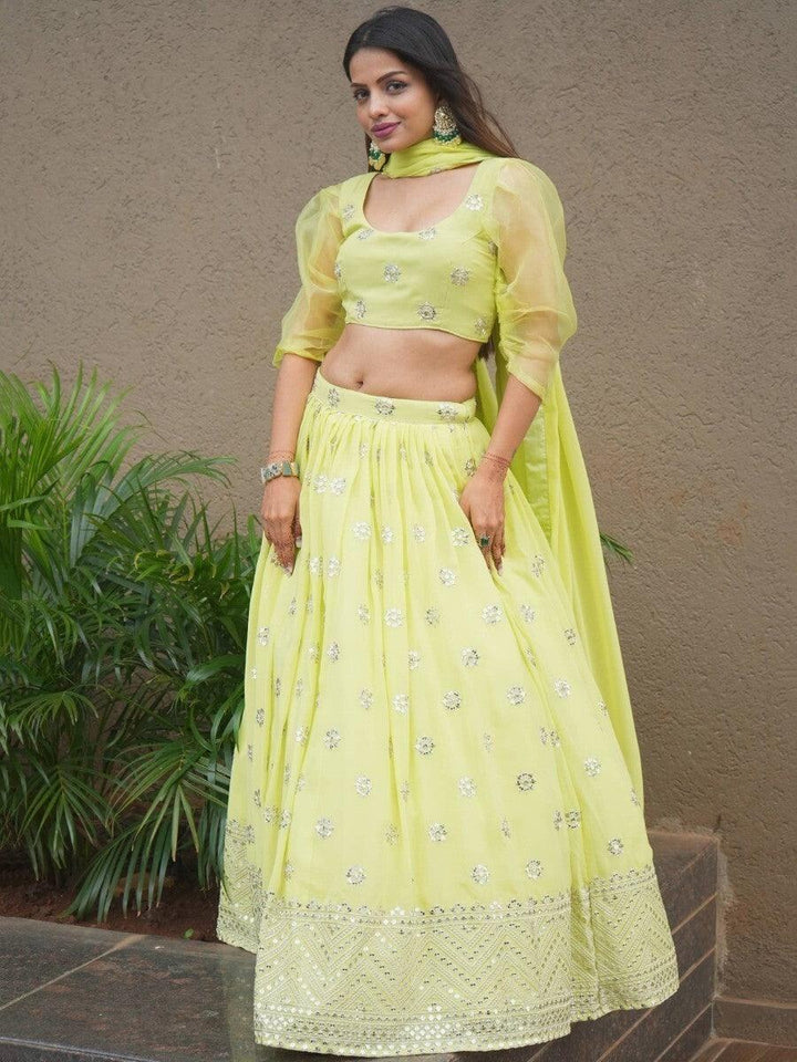 Beautiful Lime Green Sequins Georgette Sangeet Wear Lehenga Choli