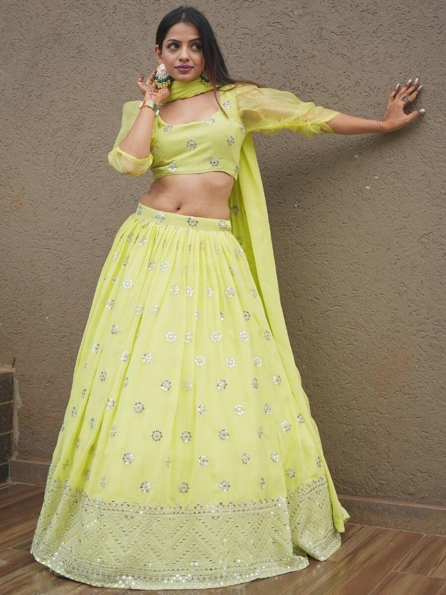 Beautiful Lime Green Sequins Georgette Sangeet Wear Lehenga Choli