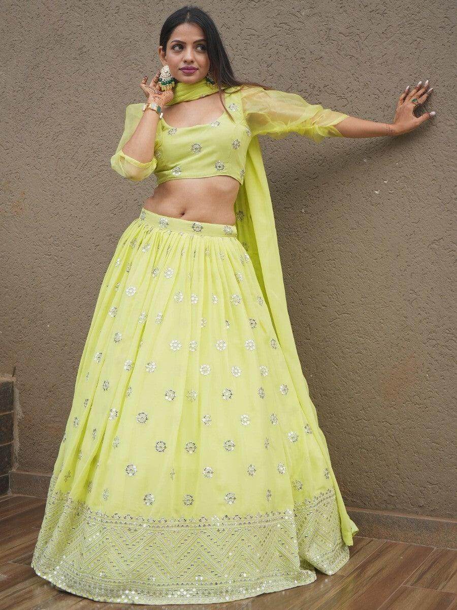 Beautiful Lime Green Sequins Georgette Sangeet Wear Lehenga Choli - Zeel Clothing