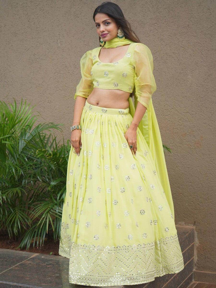 Beautiful Lime Green Sequins Georgette Sangeet Wear Lehenga Choli - Zeel Clothing