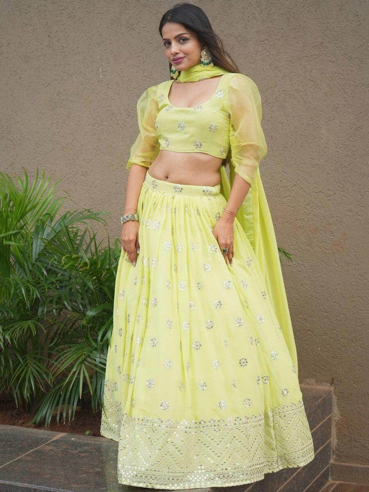 Beautiful Lime Green Sequins Georgette Sangeet Wear Lehenga Choli - Zeel Clothing
