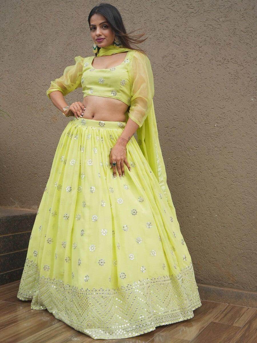 Beautiful Lime Green Sequins Georgette Sangeet Wear Lehenga Choli - Zeel Clothing