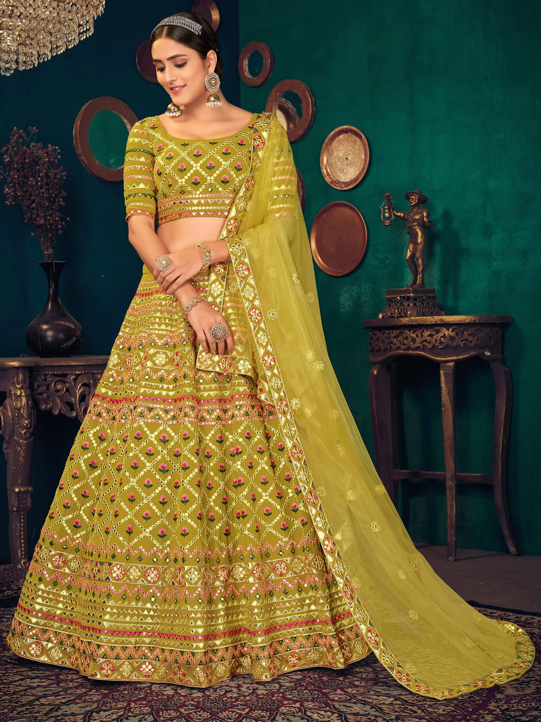 Beautiful Lime Green Thread Work Georgette Lehenga Choli With Dupatta - Zeel Clothing